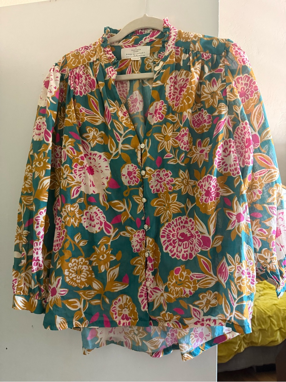 Trovata Floral Button-Front Blouse in Teal, Pink & Mustard